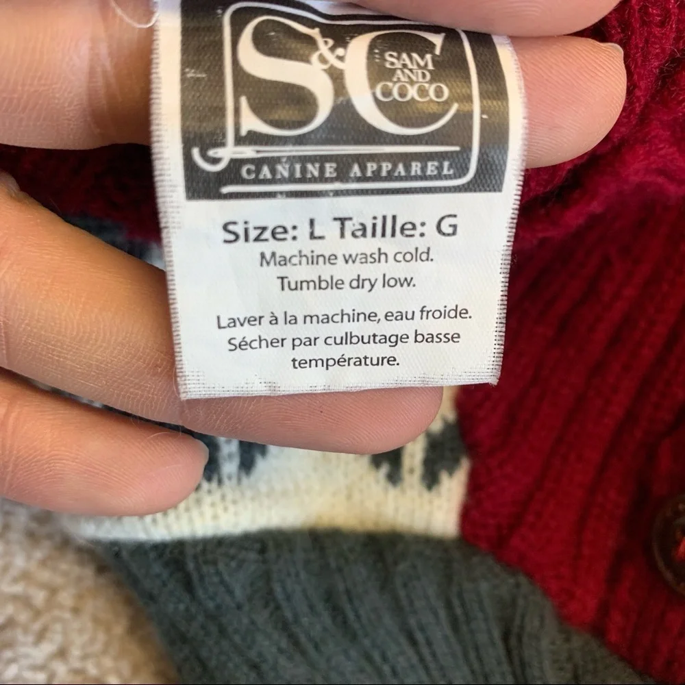 Sam And Coco small breed dog red cream and gray sweater size large